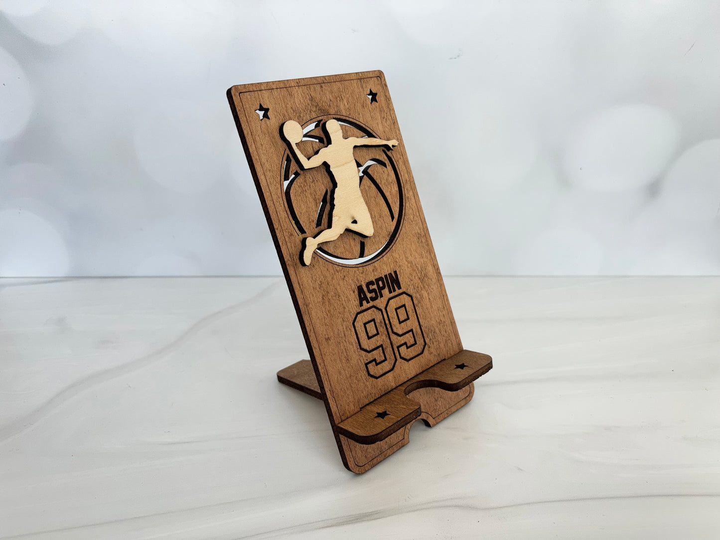 Custom cell phone stand, school logos, sports, personalized with name, various stain colors are available