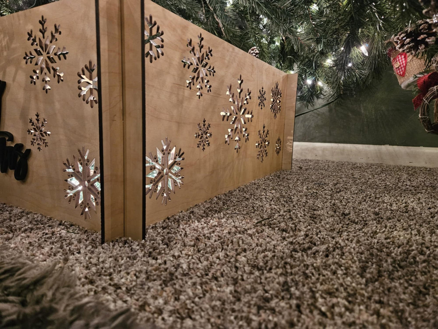 Wooden Christmas Tree Skirt - snowflake design with 3d Merry Christmas - Rustic design with flat storage, Wooden Christmas tree box