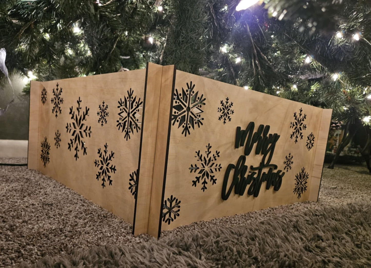 Wooden Christmas Tree Skirt - snowflake design with 3d Merry Christmas - Rustic design with flat storage, Wooden Christmas tree box