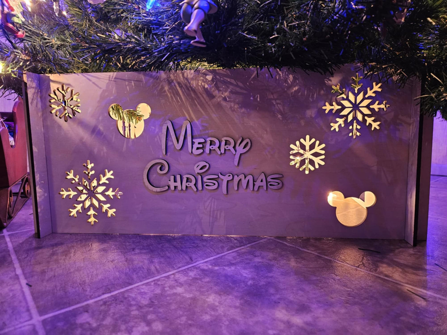 Wooden Christmas Tree Skirt - snowflake design with 3d Merry Christmas - Rustic design with flat storage, Wooden Christmas tree box
