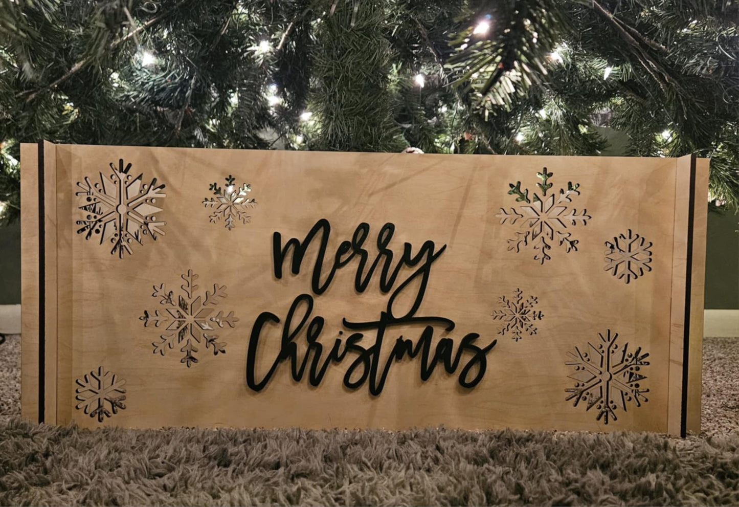Wooden Christmas Tree Skirt - snowflake design with 3d Merry Christmas - Rustic design with flat storage, Wooden Christmas tree box