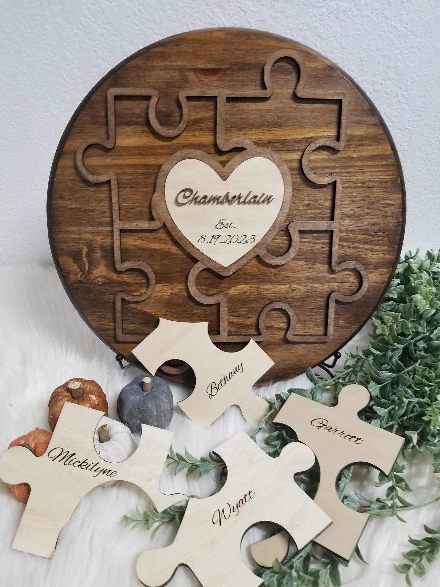Rustic Unity/ Family Puzzle, Blended Family, Unity Alternative, Unity Puzzle For Wedding, Fully Customized, four puzzle pieces and a heart