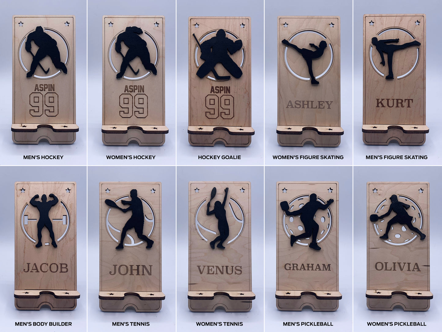 Custom cell phone stand, school logos, sports, personalized with name, various stain colors are available