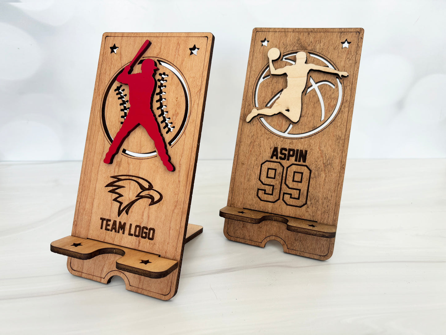 Custom cell phone stand, school logos, sports, personalized with name, various stain colors are available