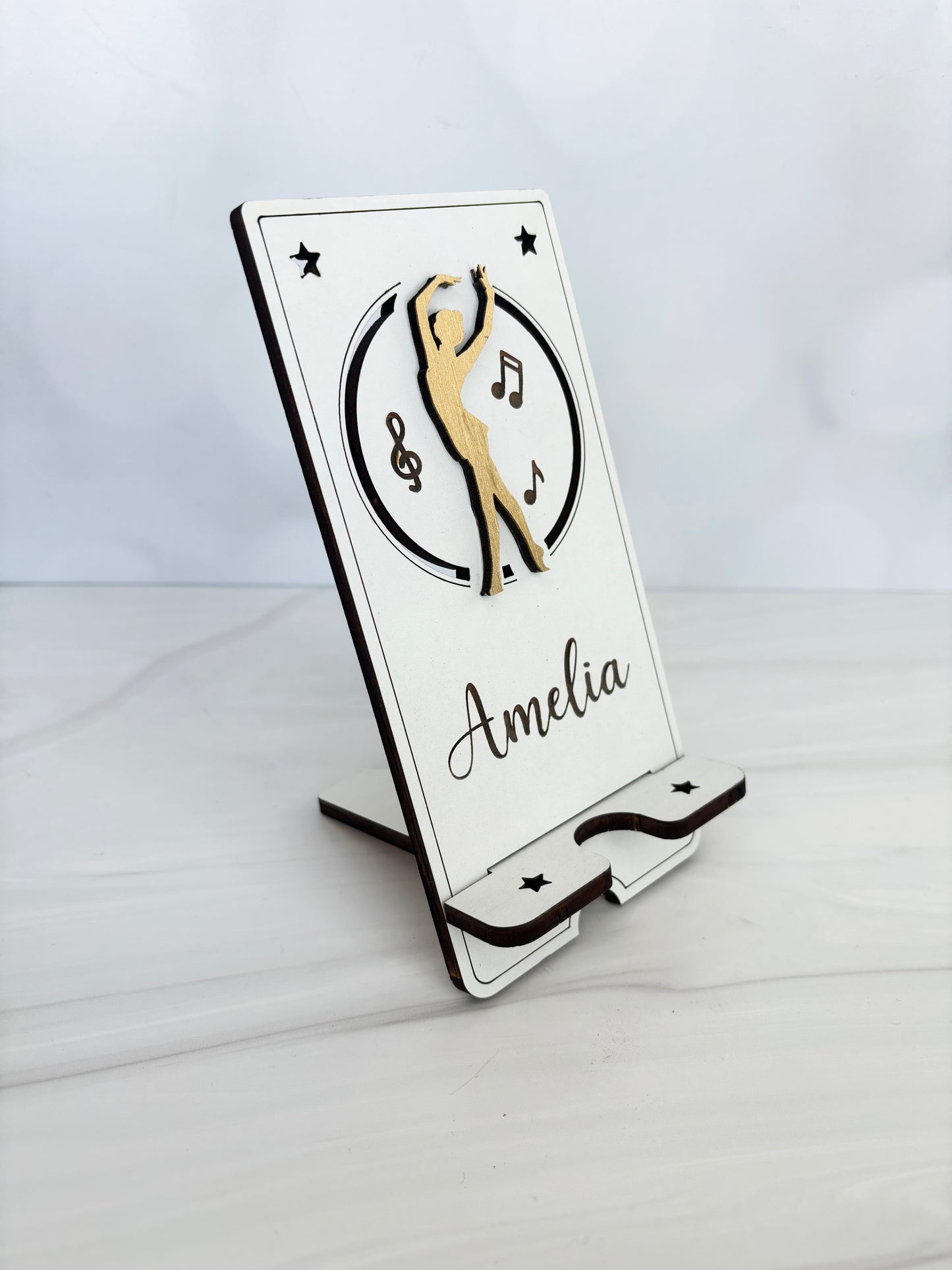 Custom cell phone stand, school logos, sports, personalized with name, various stain colors are available