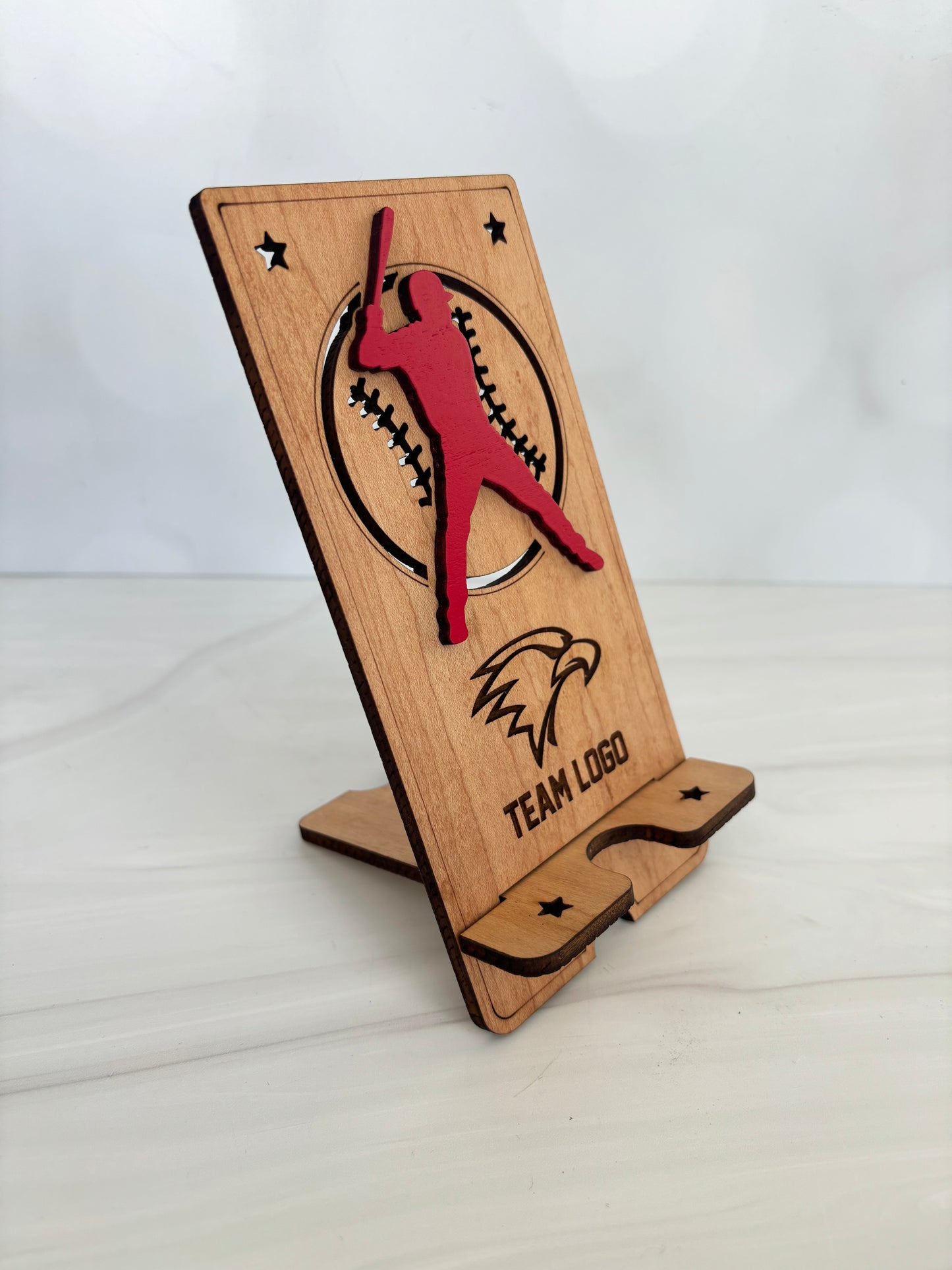 Custom cell phone stand, school logos, sports, personalized with name, various stain colors are available