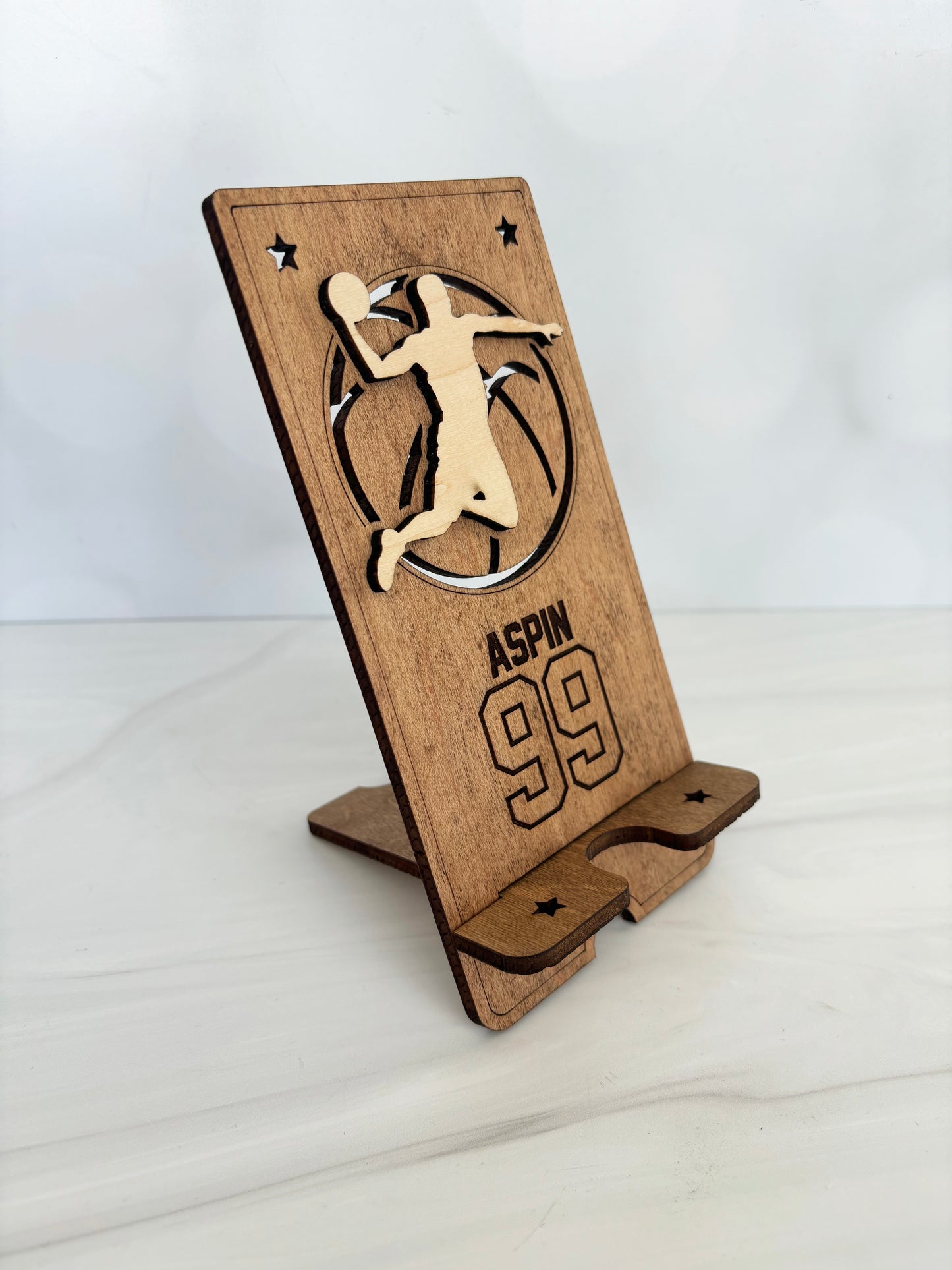 Custom cell phone stand, school logos, sports, personalized with name, various stain colors are available