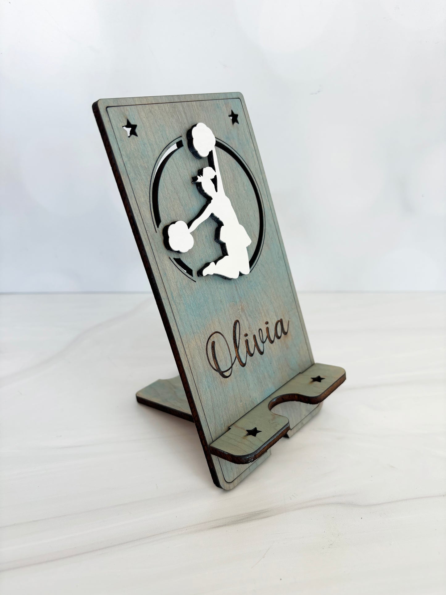 Custom cell phone stand, school logos, sports, personalized with name, various stain colors are available