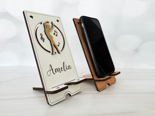 Custom cell phone stand, school logos, sports, personalized with name, various stain colors are available