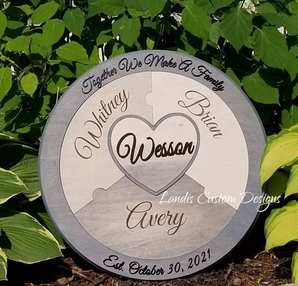 Unity Puzzle, family puzzle, blended family puzzle - Last name center, round connectors, Personalized puzzle, rustic wedding decor