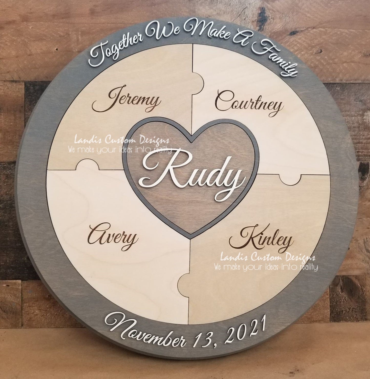 Unity Puzzle, family puzzle, blended family puzzle - Last name center, round connectors, Personalized puzzle, rustic wedding decor