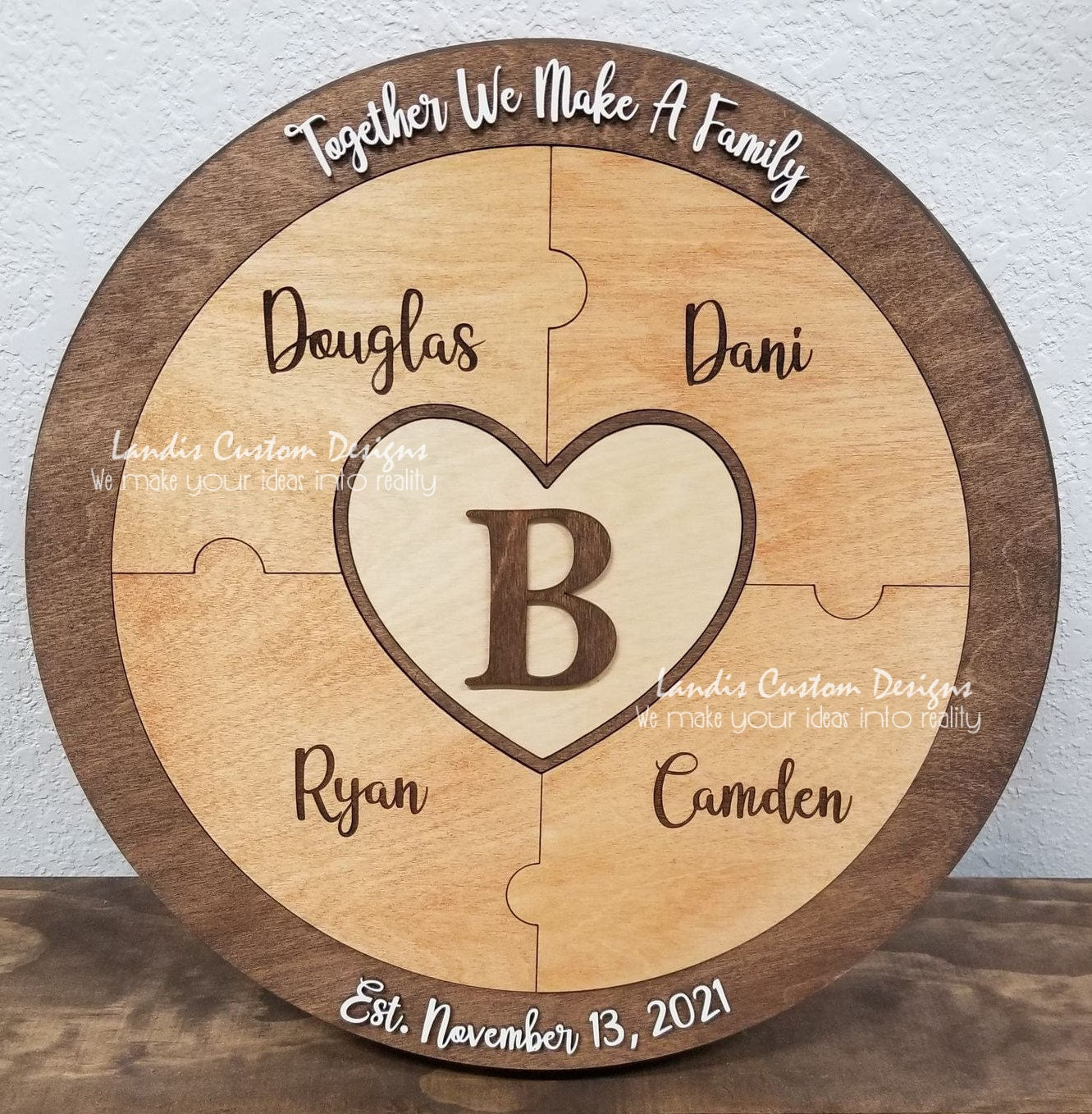 Unity Puzzle, family puzzle, blended family puzzle - Last name center, round connectors, Personalized puzzle, rustic wedding decor