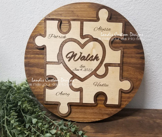 Rustic Unity/ Family Puzzle, Blended Family, Unity Alternative, Unity Puzzle For Wedding, Fully Customized, four puzzle pieces and a heart