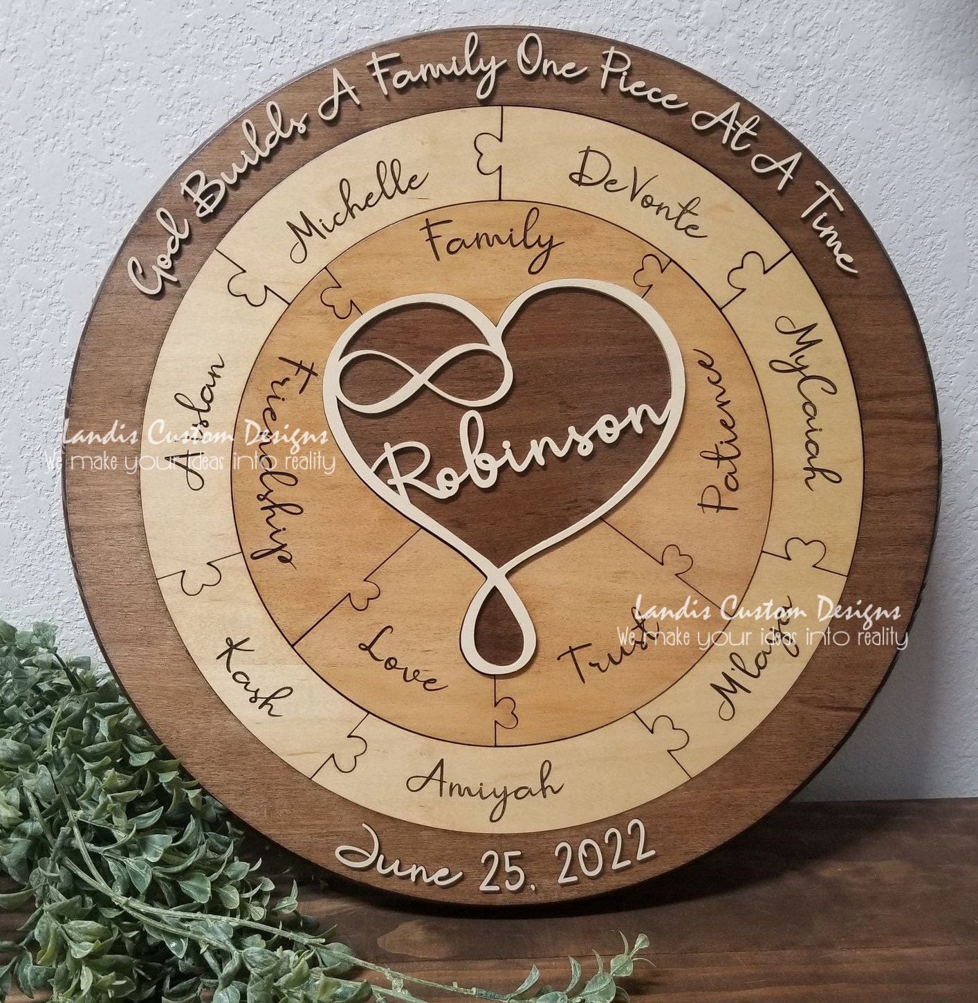 Unity Ceremony, puzzle style, excellent for blended families, wedding gifts, or a unique Unity Ceremony, 2d center, infinity with last name