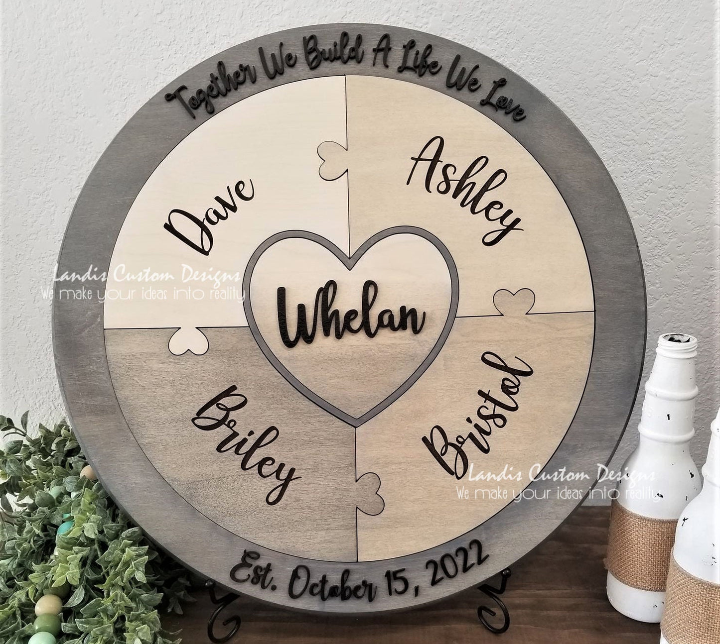 Unity Puzzle, family puzzle, blended family puzzle - Last name center, round connectors, Personalized puzzle, rustic wedding decor