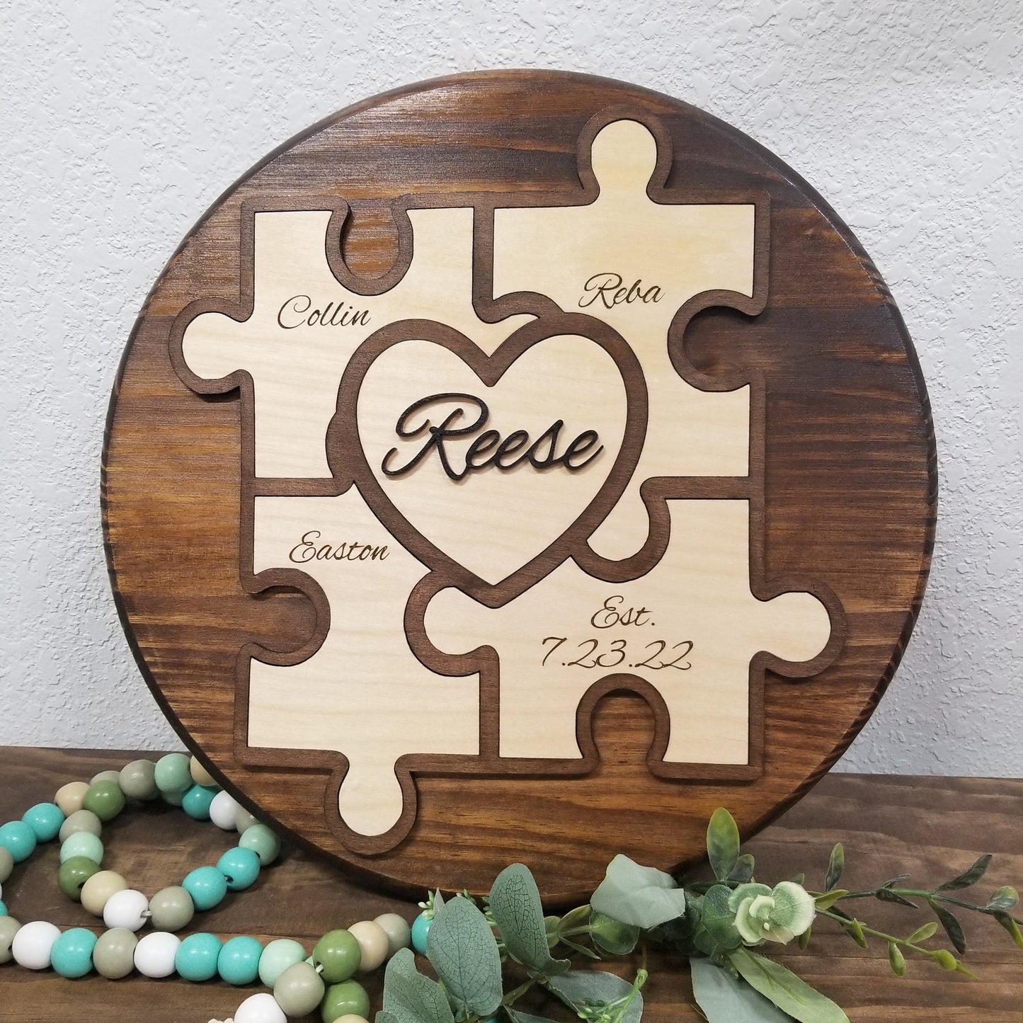 Rustic Unity/ Family Puzzle, Blended Family, Unity Alternative, Unity Puzzle For Wedding, Fully Customized, four puzzle pieces and a heart