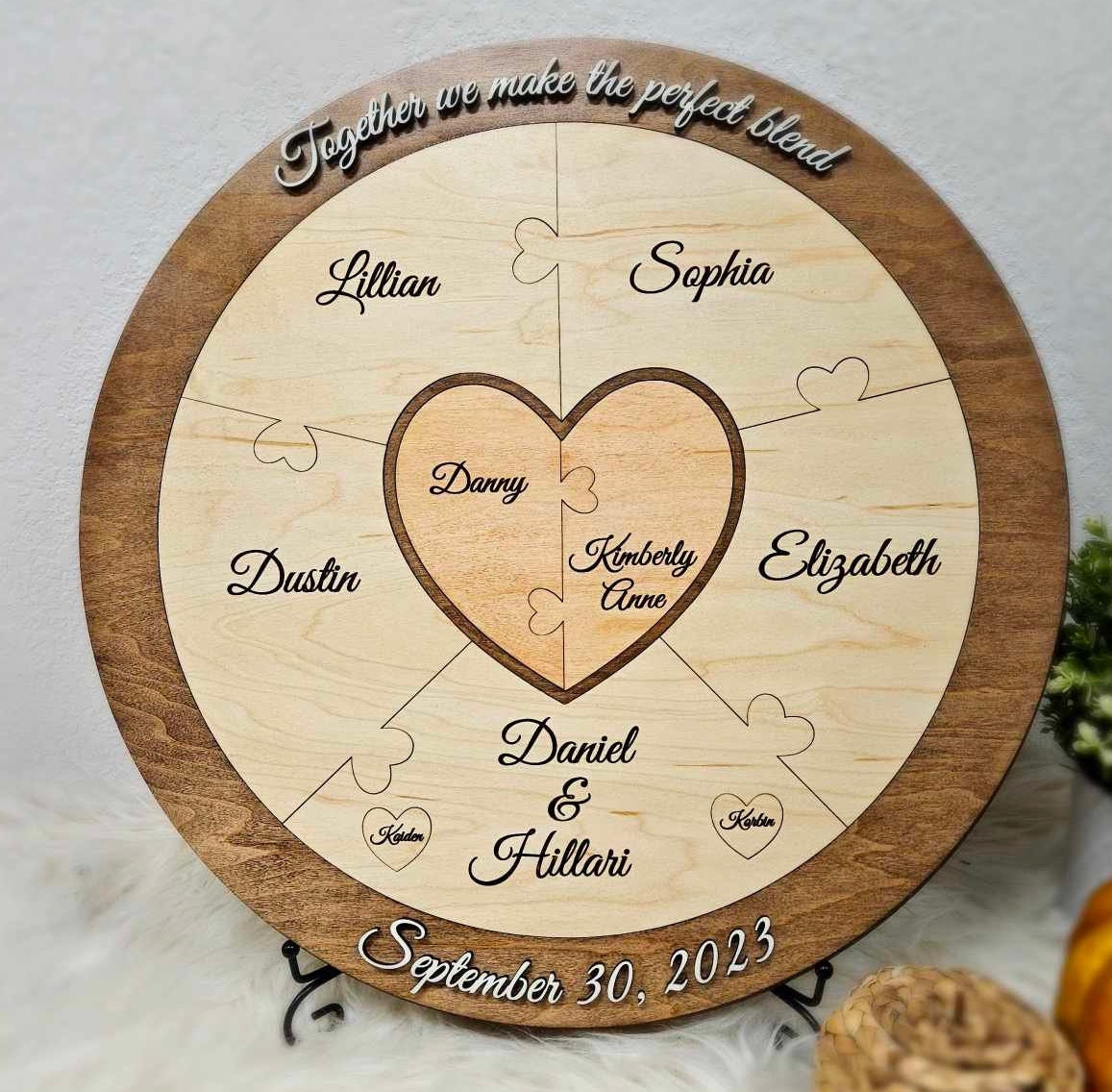 Unity Ceremony Alternative, Blended family, Unique wedding ceremony idea, Customized puzzle, Dark walnut base, various number of pieces